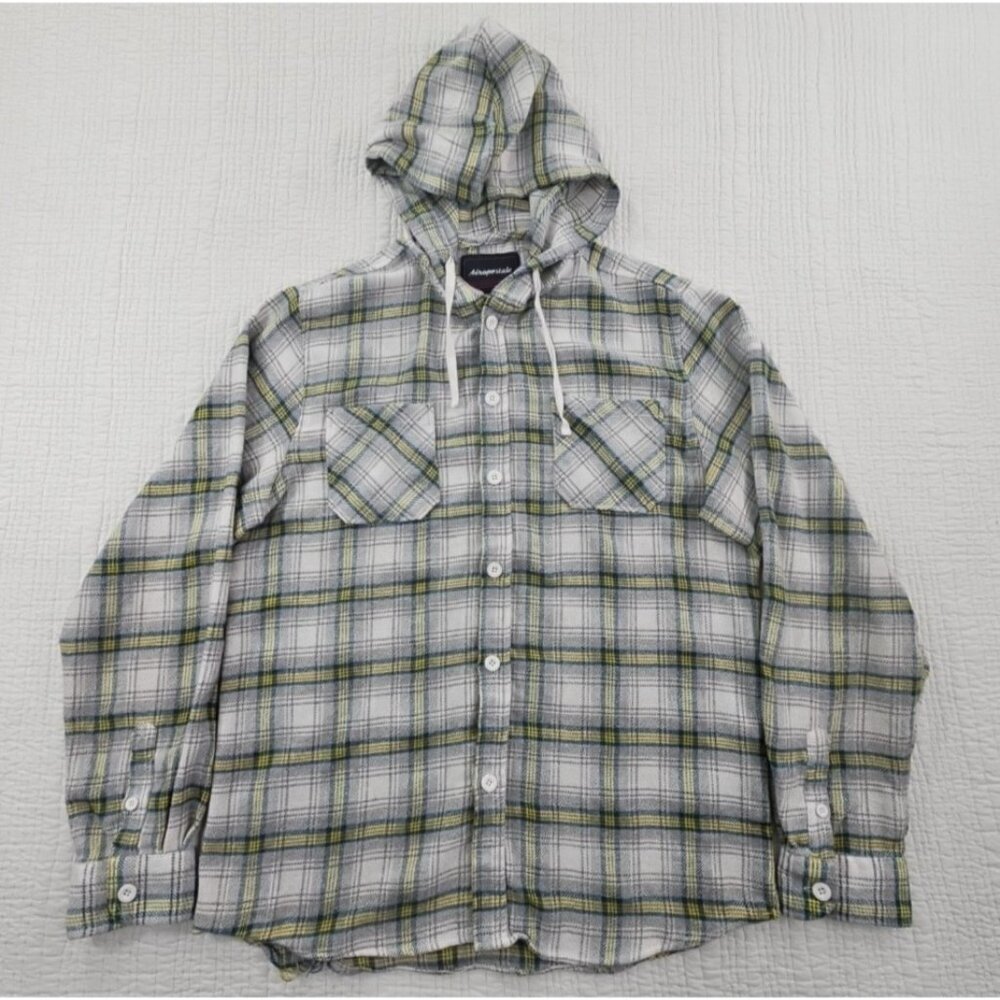 Aeropostale Men's L Flannel Shirt Hoodie Gray Blue Plaid Long Sleeve Classic EUC
